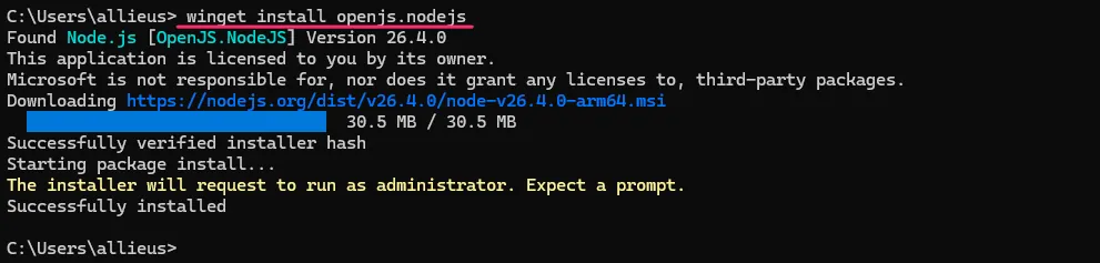 winget install openjs.nodejs 실행 — Node.js 다운로드와 설치가 완료된 화면