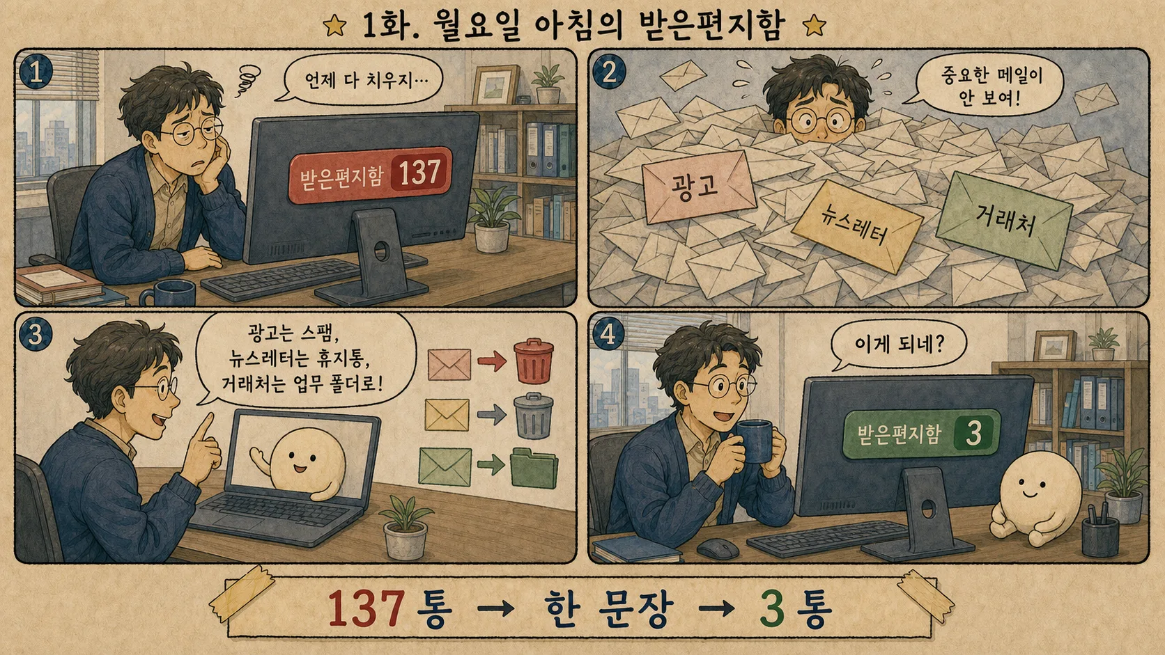 "1화. 월요일 아침의 받은편지함" 4컷 만화. 컷1: 과장이 모니터의 '받은편지함 137' 빨간 뱃지를 보며 "언제 다 치우지…". 컷2: 광고·뉴스레터·거래처 봉투 눈사태에 파묻혀 "중요한 메일이 안 보여!". 컷3: 노트북 속 조수 캐릭터에게 "광고는 스팸, 뉴스레터는 휴지통, 거래처는 업무 폴더로!". 컷4: 초록색 '받은편지함 3'을 보며 커피를 들고 "이게 되네?". 하단 배너: 137통 → 한 문장 → 3통