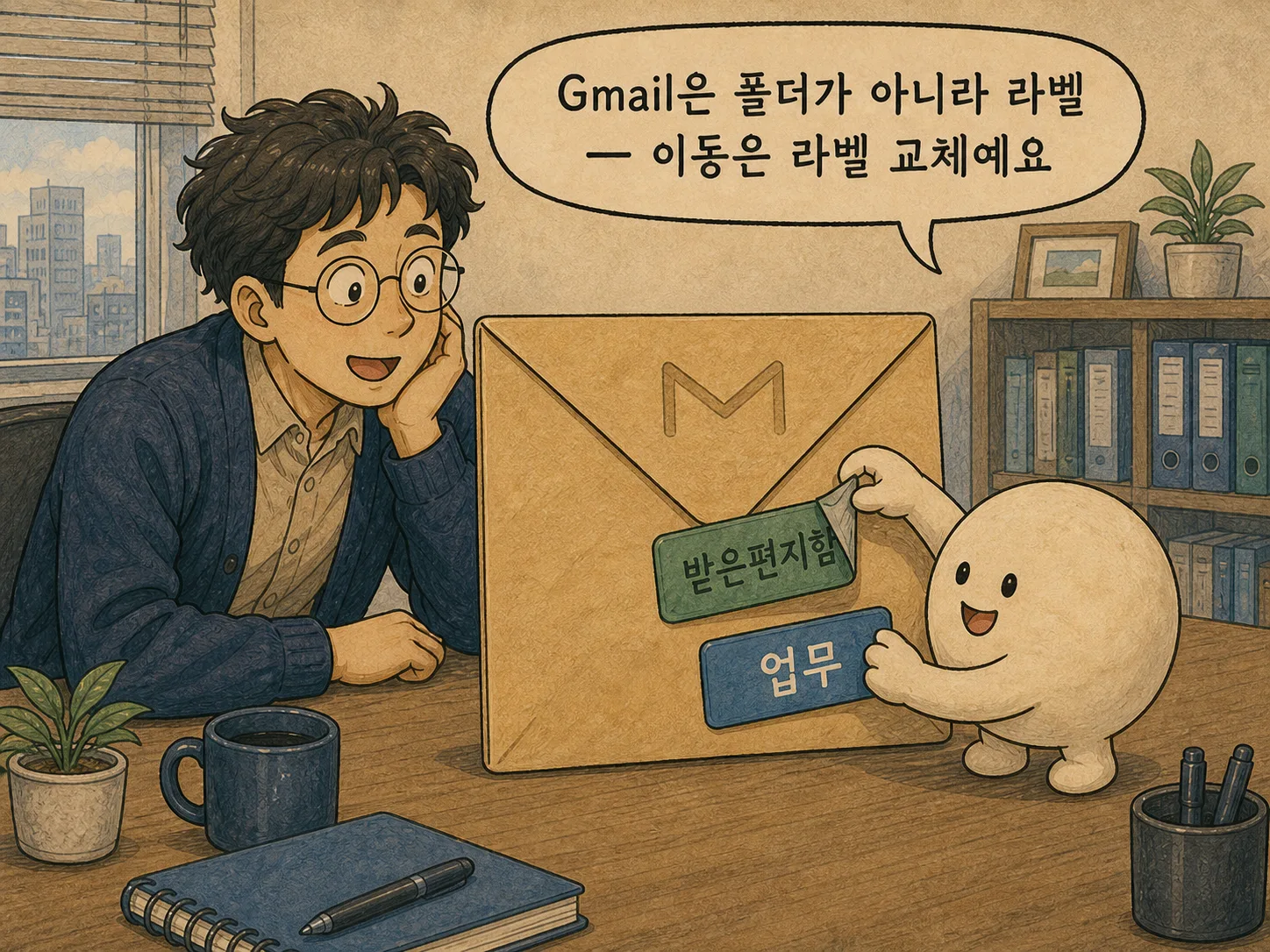 1컷 일러스트. 조수 캐릭터가 M 무늬가 그려진 큰 봉투에서 '받은편지함' 라벨 스티커를 떼어 내고 '업무' 라벨을 새로 붙이고 있다. 말풍선: "Gmail은 폴더가 아니라 라벨 — 이동은 라벨 교체예요"